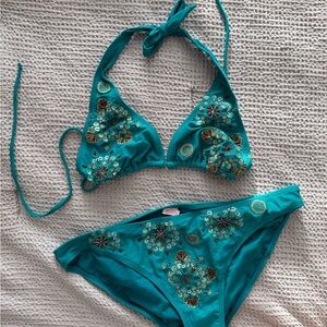 Xhilaration Turquoise Bikini Bottoms with Embroidered Detail